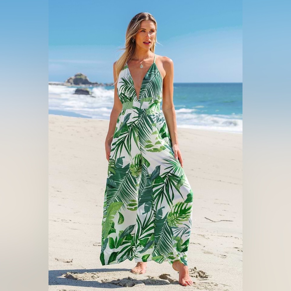 CUPSHE Tropical Plunging Sleeveless Wide Leg Jumpsuit